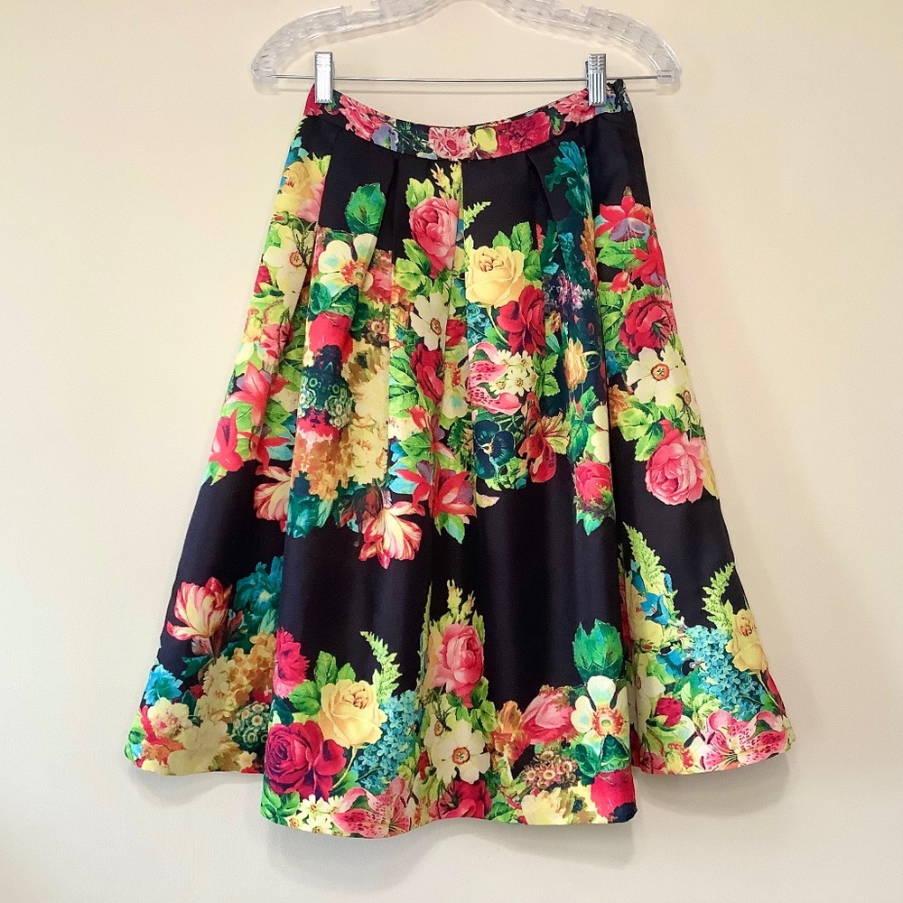Modern Vintage Volume Pleated A Line Skirt Pocket Floral Vivid Red Yellow Black